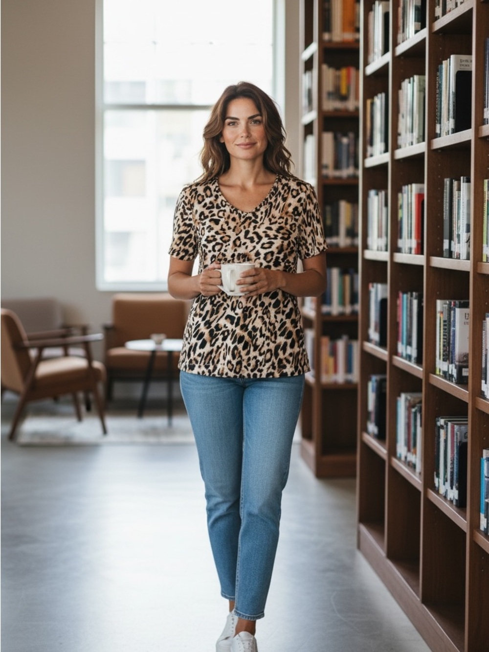 Chicos Leopard Print V-Neck Short Sleeve Top - Beige/Black